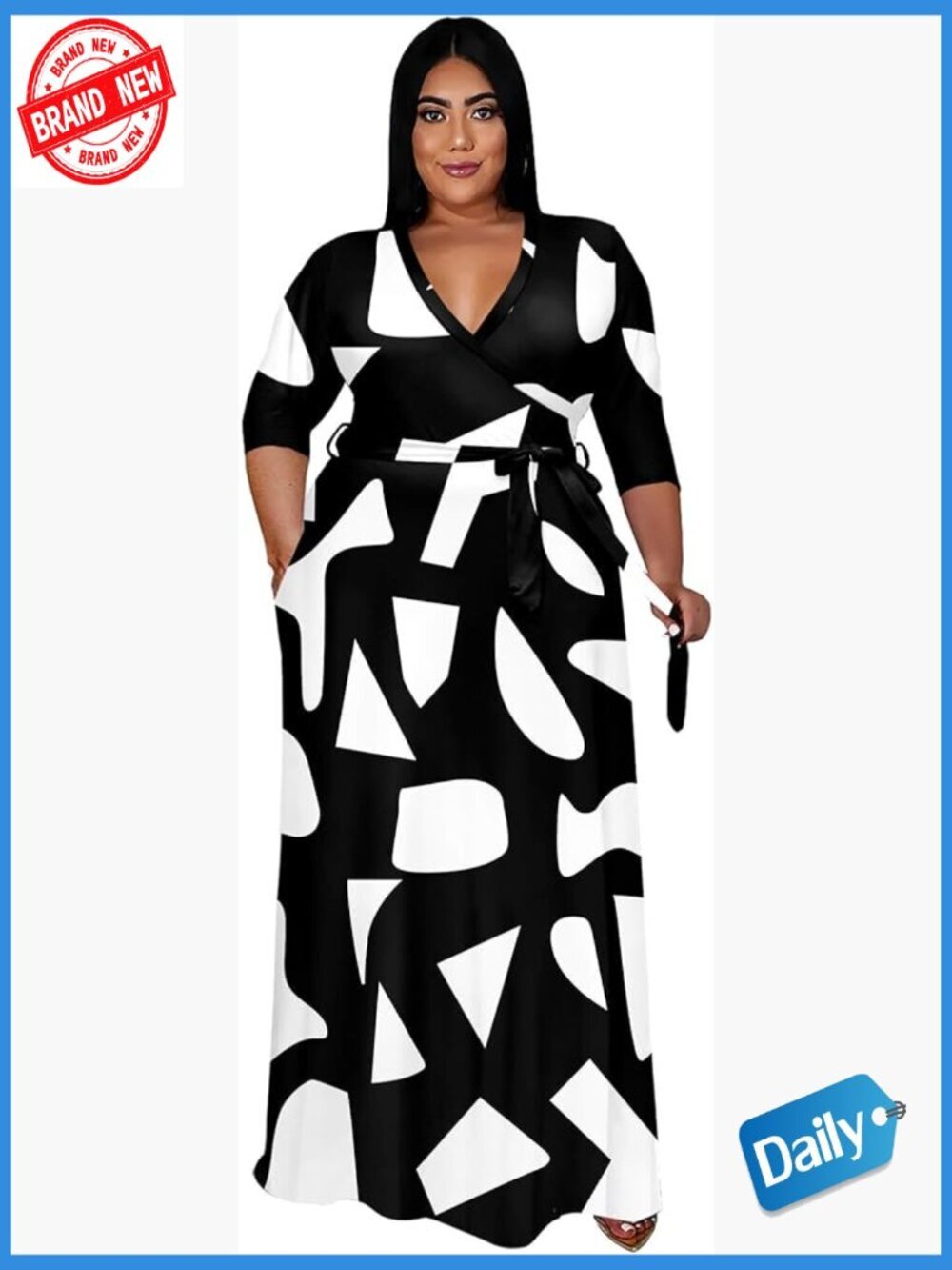 Plus Size Maxi Dresses 3/4 Sleeve V Neck Wrap Dress Flowy Belted